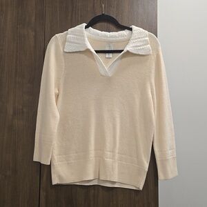Joie-V-neck Crochet Knit Collared 100% Cotton 3/4 Sleeve Sweater in Creme-Size L